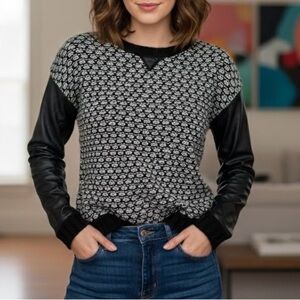 Romeo & Juliet Couture Black and White Knit Sweater with Faux Leather Sleeves